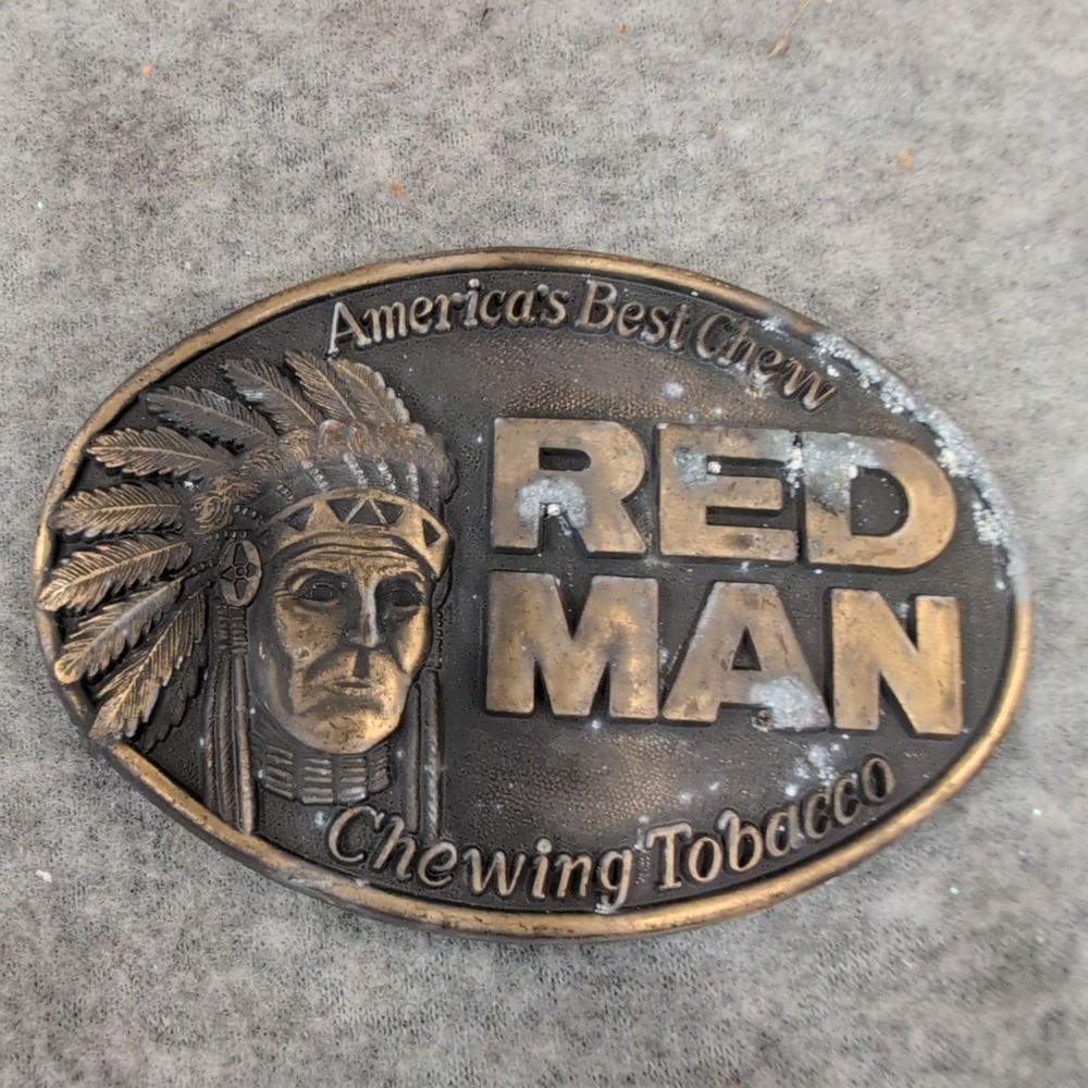 Vintage 1988 Red Man Chewing Tobacco Belt Buckle Americas Best Chew Native Chief - Picture 1 of 2